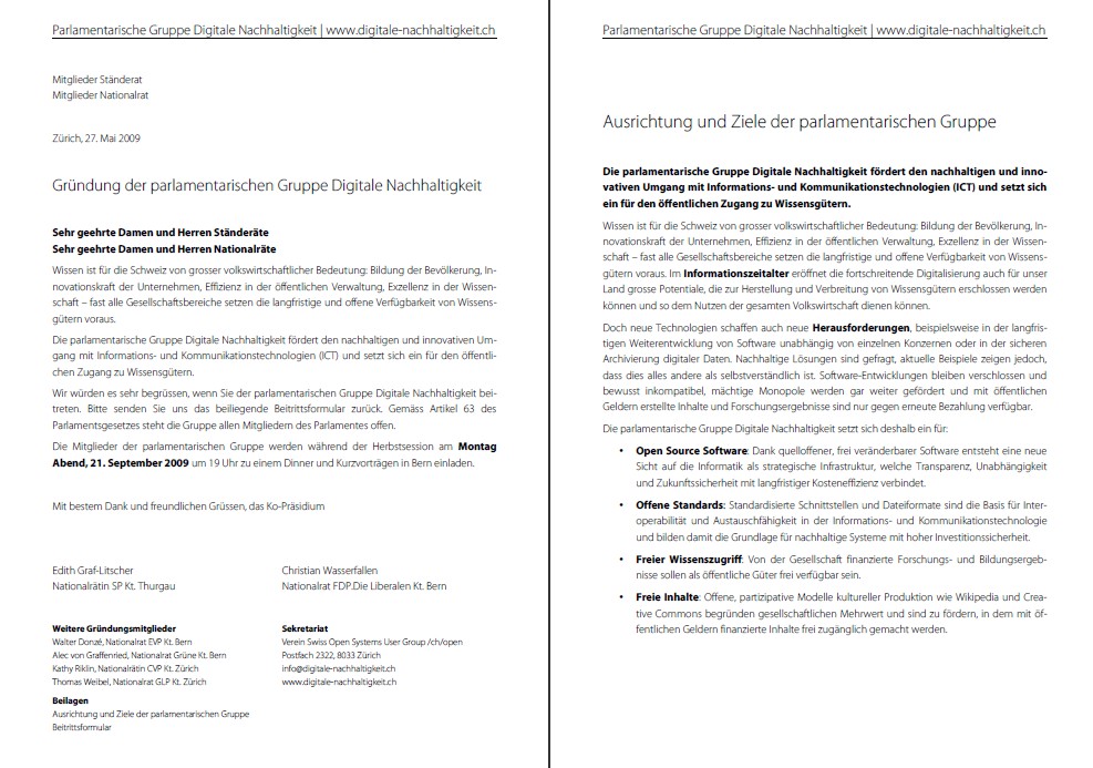 Einladung an alle Parlamentarier für den Beitritt zur parlamentarischen Gruppe Digitale Nachhaltigkeit (PDF auf deutsch und französisch)